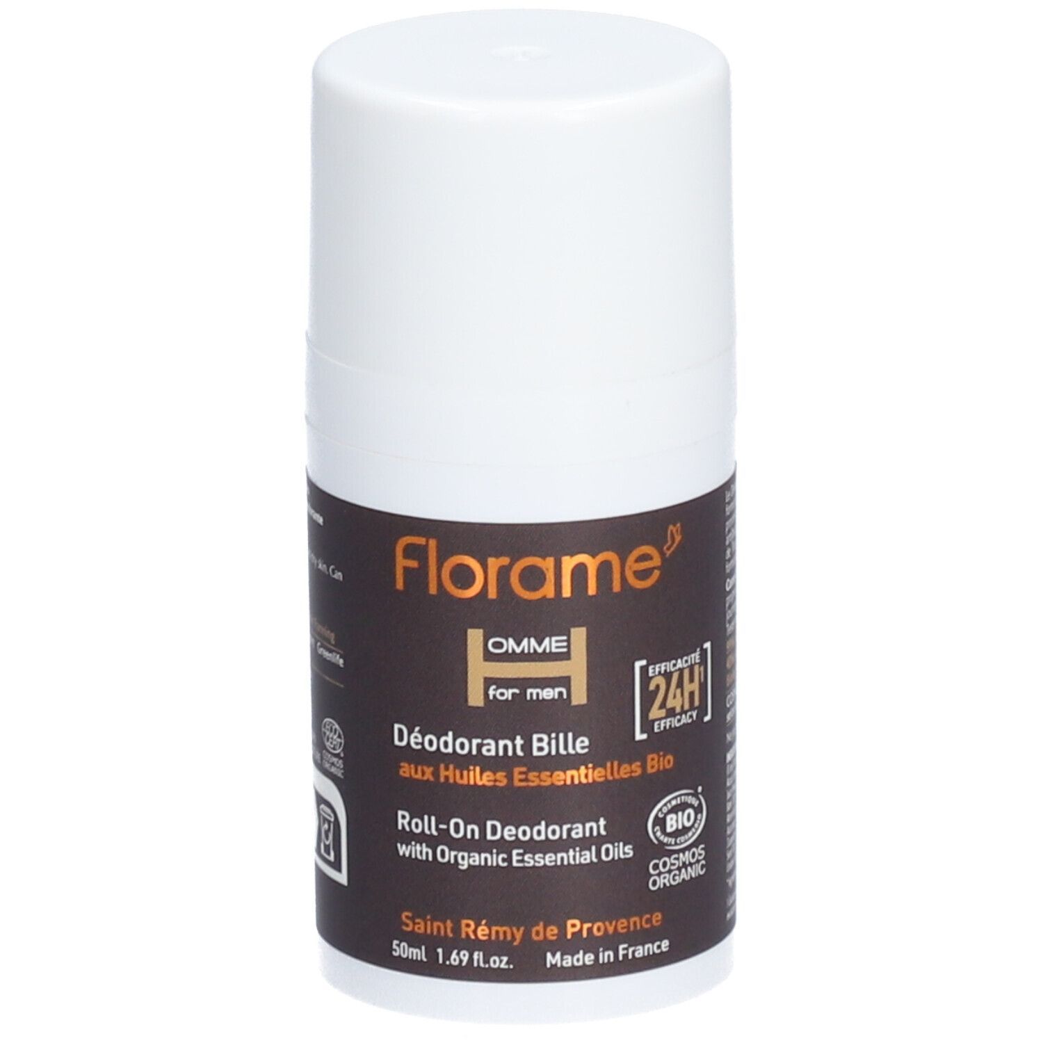 Roll-on deodorant voor mannen. Witte fles met bruin etiket. Tekst: Florame, HOMME, 24h, Bio-certificering.