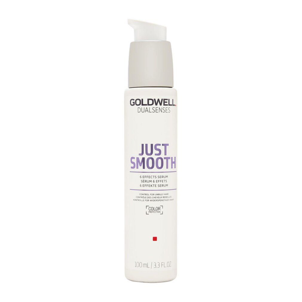 Sérum Goldwell Dualsenses Just Smooth. Flacon blanc avec pompe argentée. Nom du produit et logo visibles.