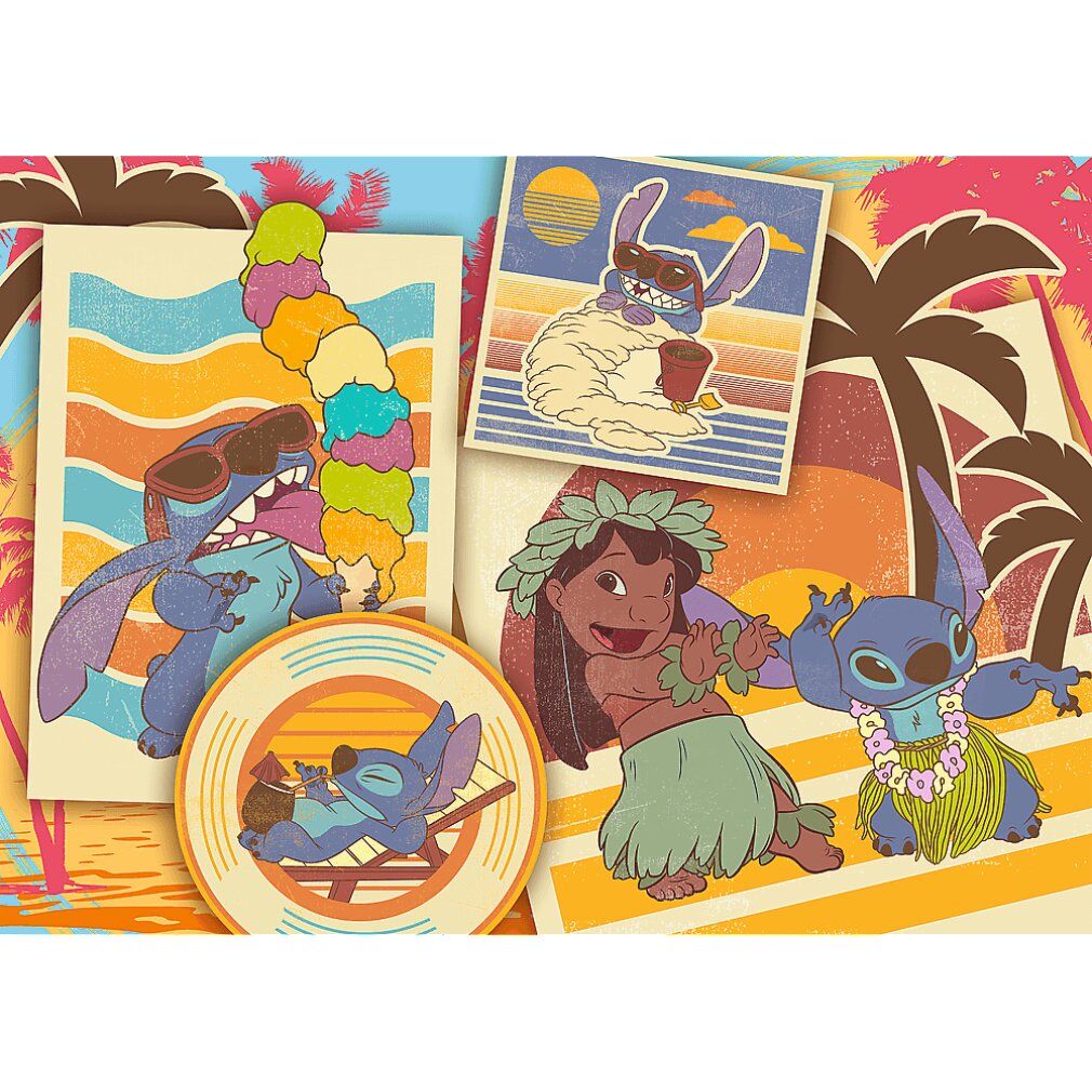 Pièces de puzzle avec des motifs Lilo & Stitch. Plusieurs personnages dans des scènes de plage et de vacances. Illustrations colorées.