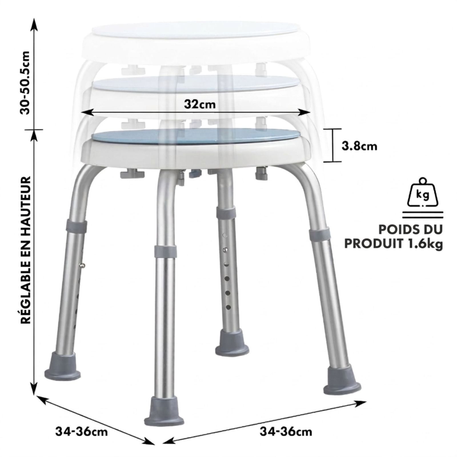Tabouret de douche : diamètre 32cm, hauteur 30-50,5cm, largeur 34-36cm. Poids 1,6kg.