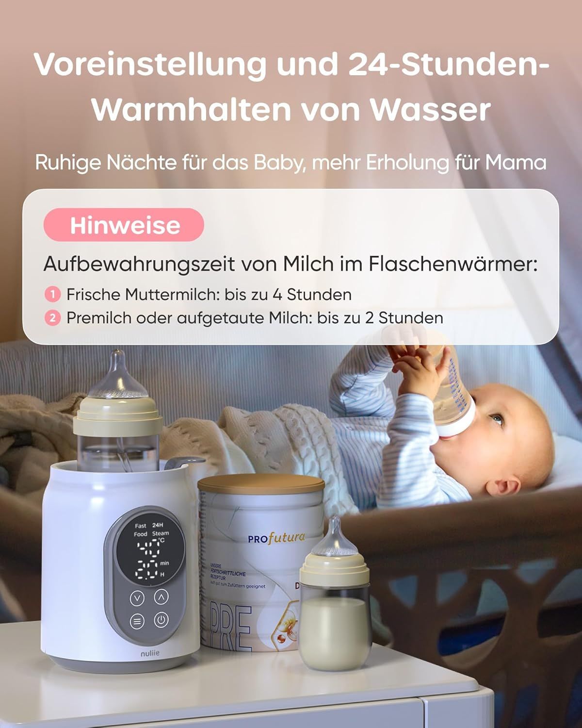 Nuliie flessenwarmer houdt water 24 uur warm. Baby drinkt fles in bed, naast melkpoeder.