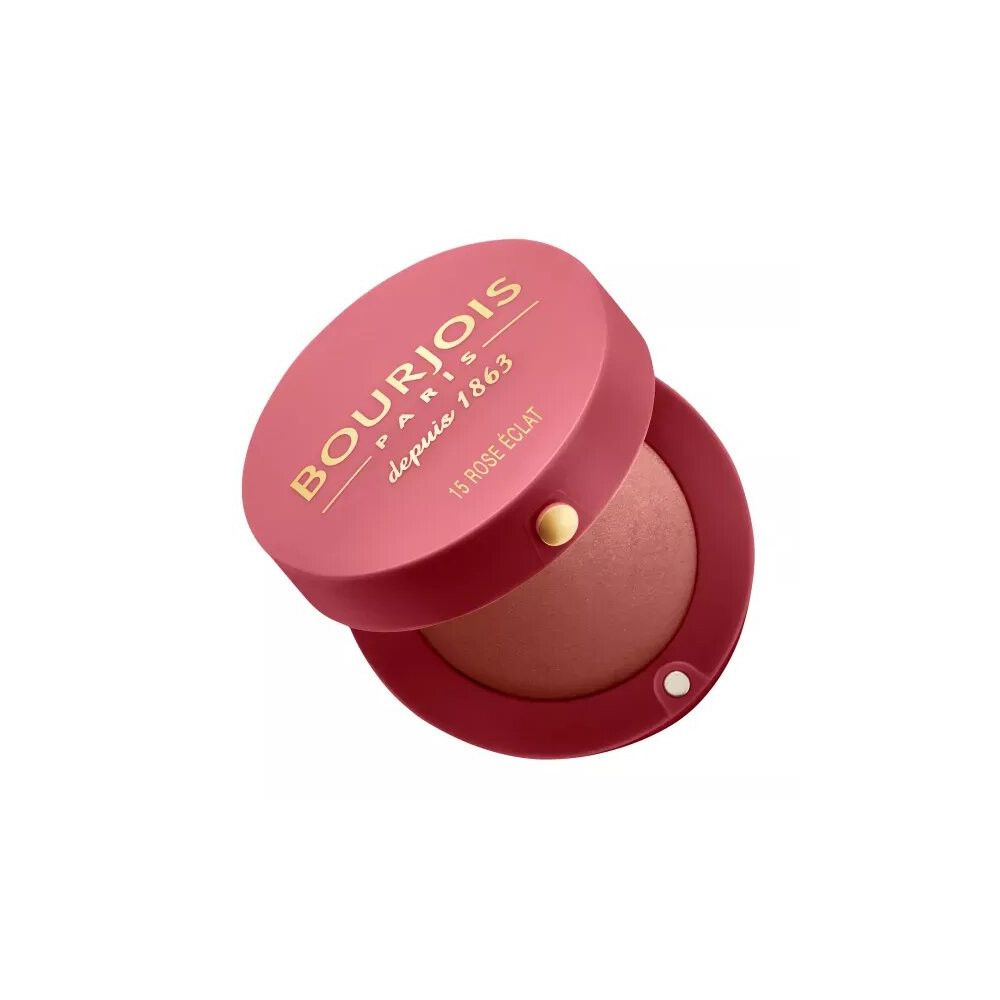 Boîtier rose ouvert. Rouge à l'intérieur. Inscription: BOURJOIS PARIS, depuis 1863, 15 ROSE ÉCLAT.
