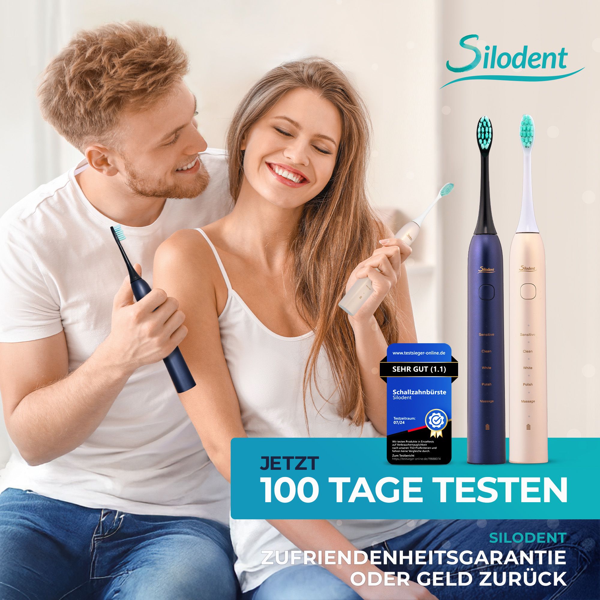 Koppel met Silodent sonische tandenborstels in blauw en roze. Testaanbieding "100 dagen proberen".