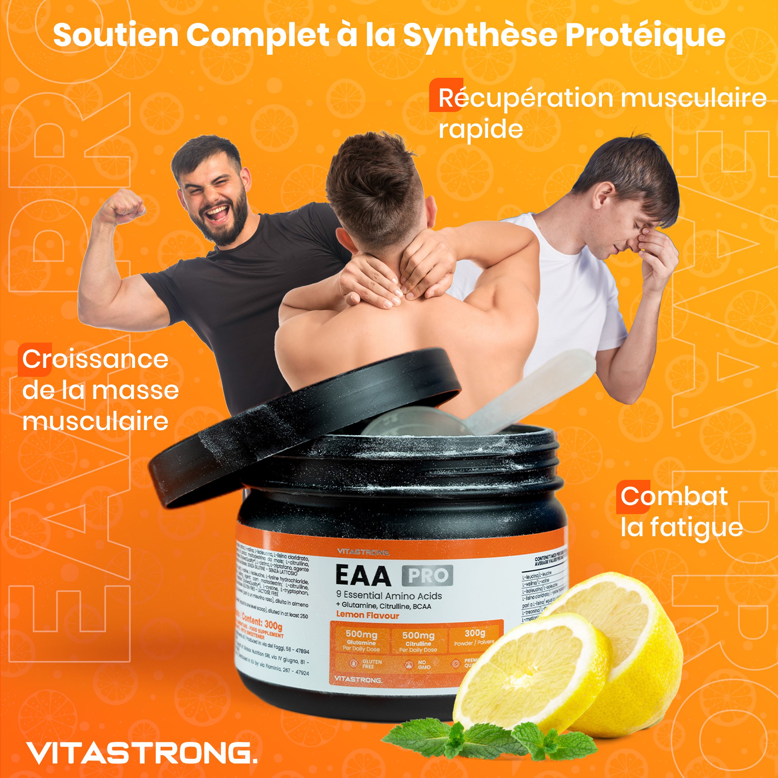 Vitastrong EAA Pro pot, vlees, noten. Tekst: EAA Pro, 9 EAA per dagdosering. BCAA, Glutamine, Citrulline. Optimaliseert herstel.