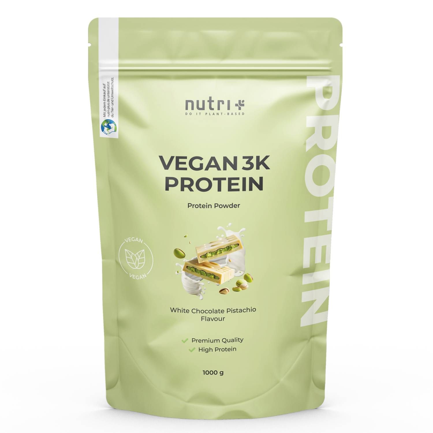 Emballage vert avec logo 'nutri+' et 'VEGAN 3K PROTEIN'. Poudre de protéine. Goût 'White Chocolate Pistachio'. Contient 1000g.