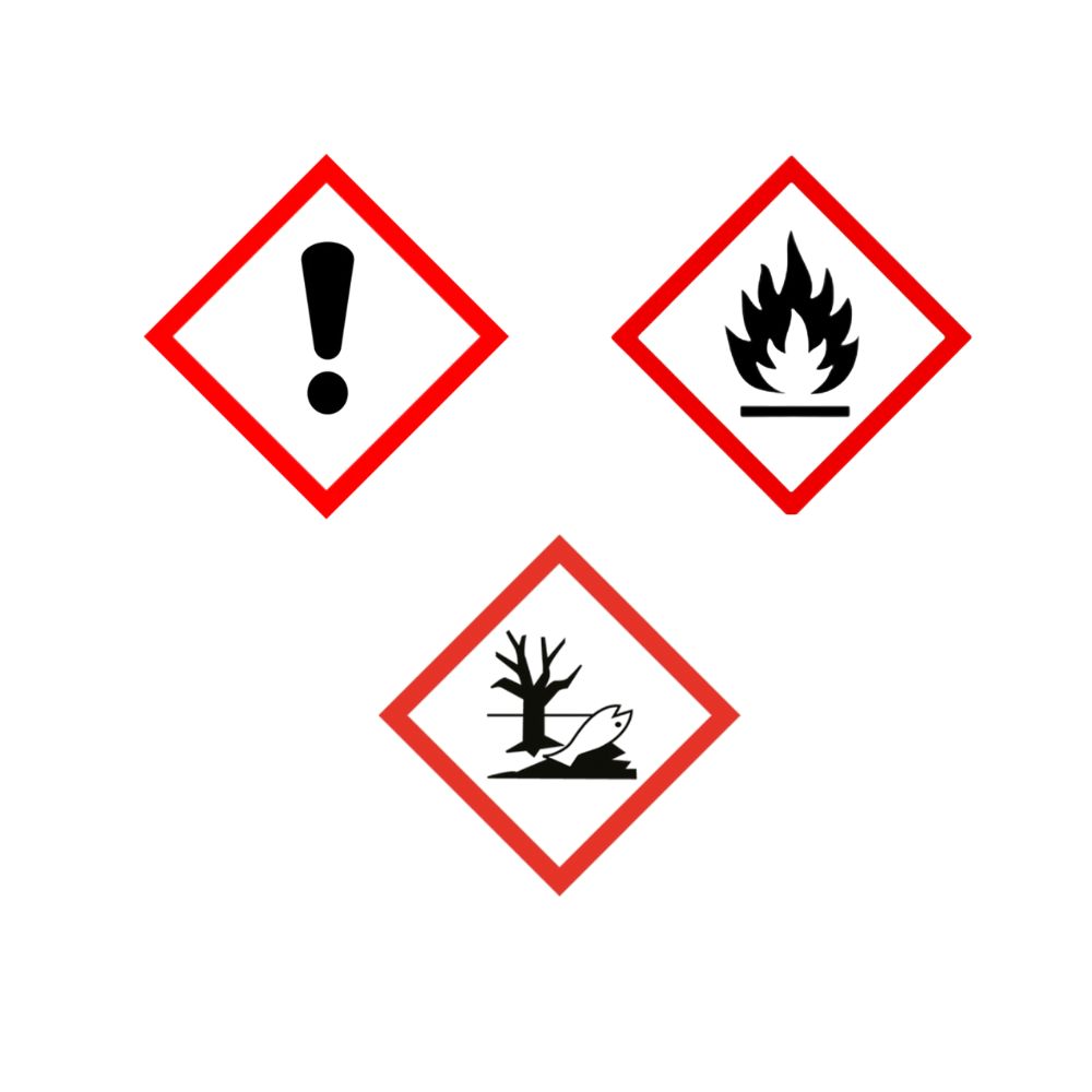 Trois losanges rouges avec symboles noirs : point d'exclamation, flamme, arbre et poisson. Avertissements de danger.