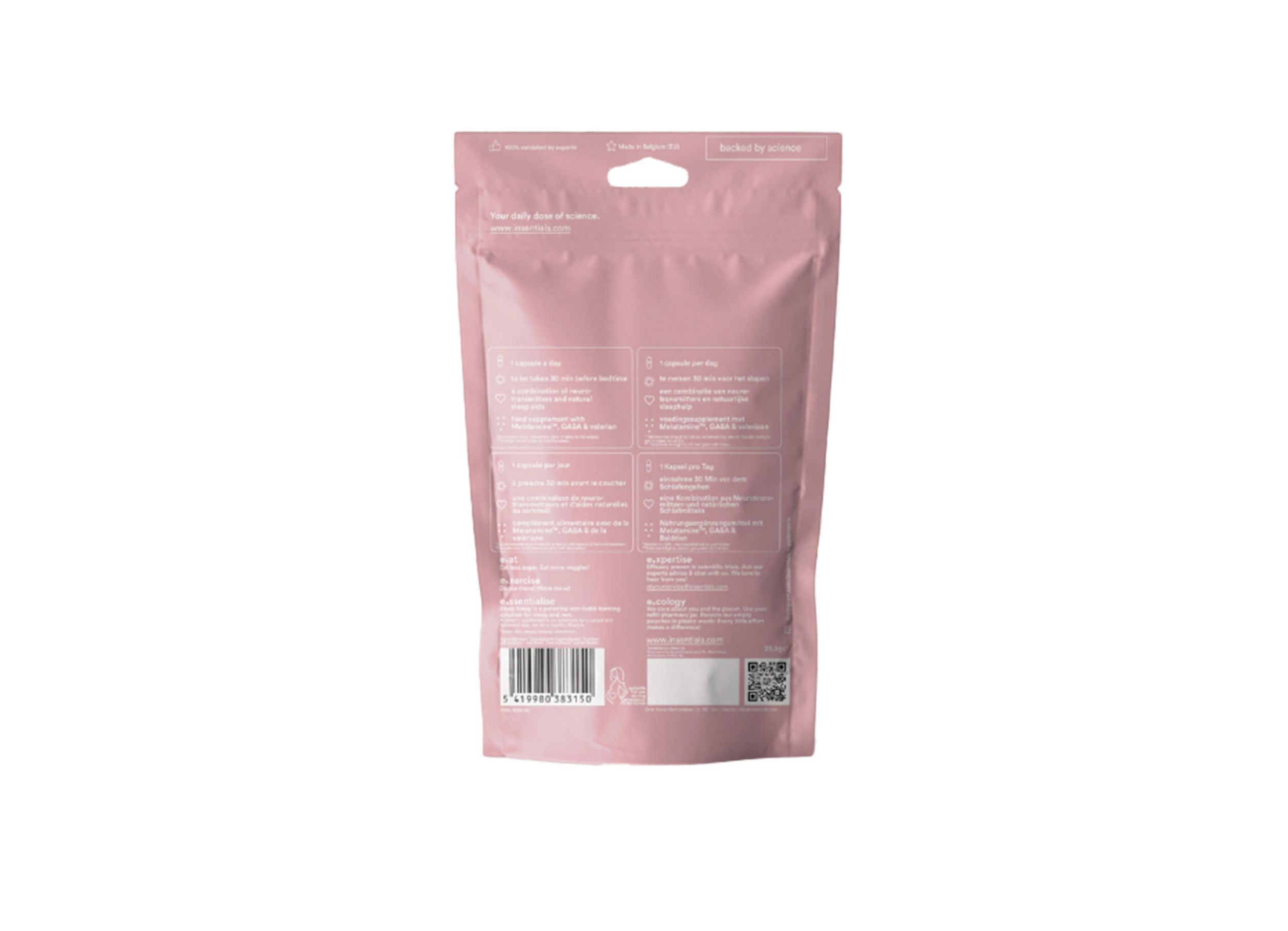 Achterkant van roze zakje. Witte tekst. Barcode en QR-code onderaan. Merk Insentials.