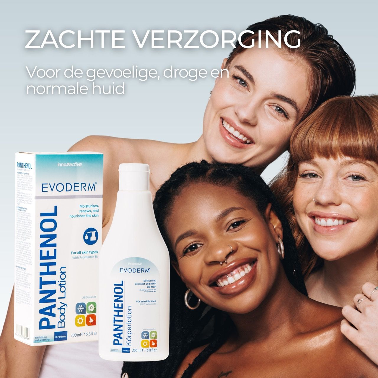 Drie vrouwen met verschillende huidskleuren. EVODERM Panthenol lichaamslotion. Tekst: Zachte verzorging. Voor gevoelige huid.