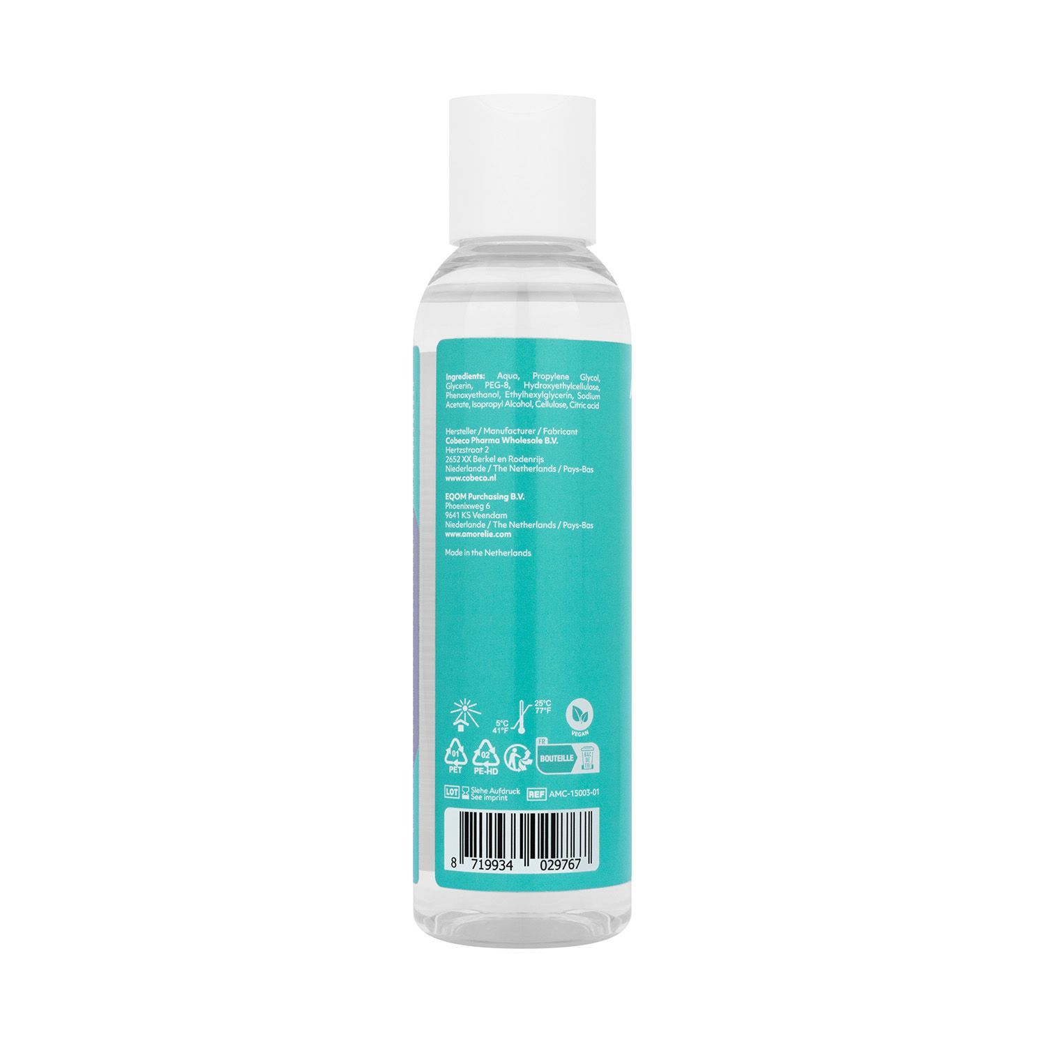 Achterkant van een transparante fles. Barcode, logo's en tekst. Turquoise-paars design. Witte dop.