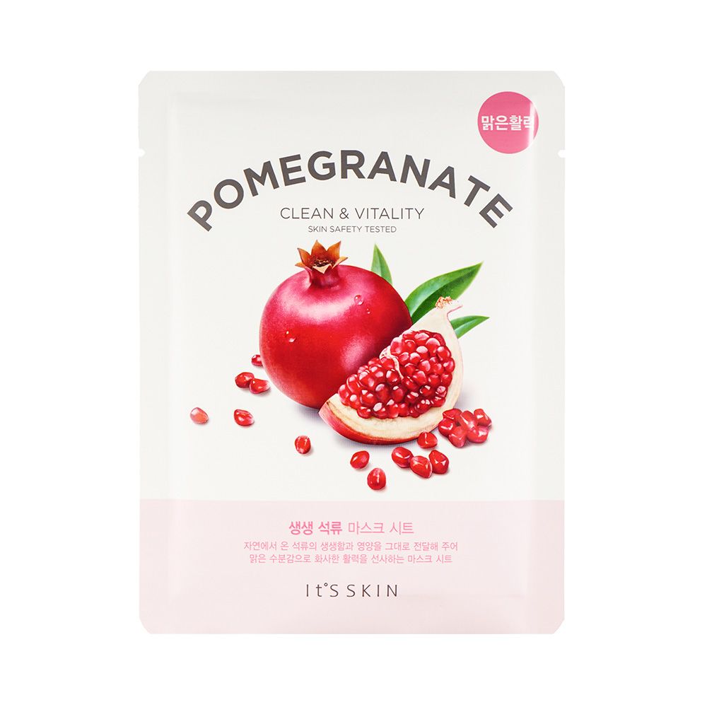 Gezichtsmasker met granaatappel illustratie. Tekst: Pomegranate, Clean & Vitality, It's Skin.