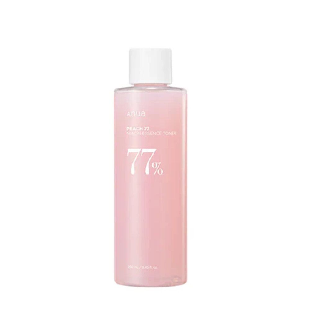 Un toner rose pâle dans une bouteille transparente avec un bouchon blanc. L'étiquette indique 'Anua Peach 77'.
