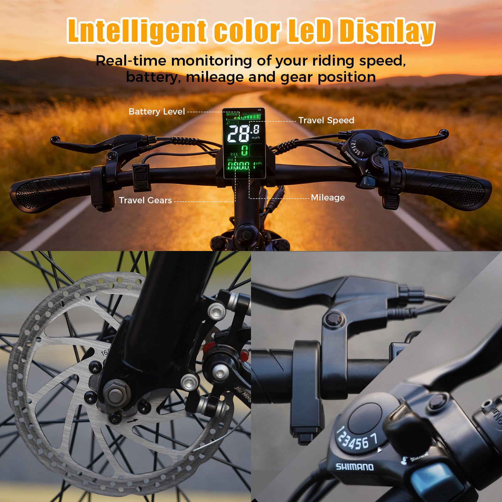 Gros plan de l'écran LED d'un vélo électrique. Affiche vitesse, batterie, kilométrage et vitesses.