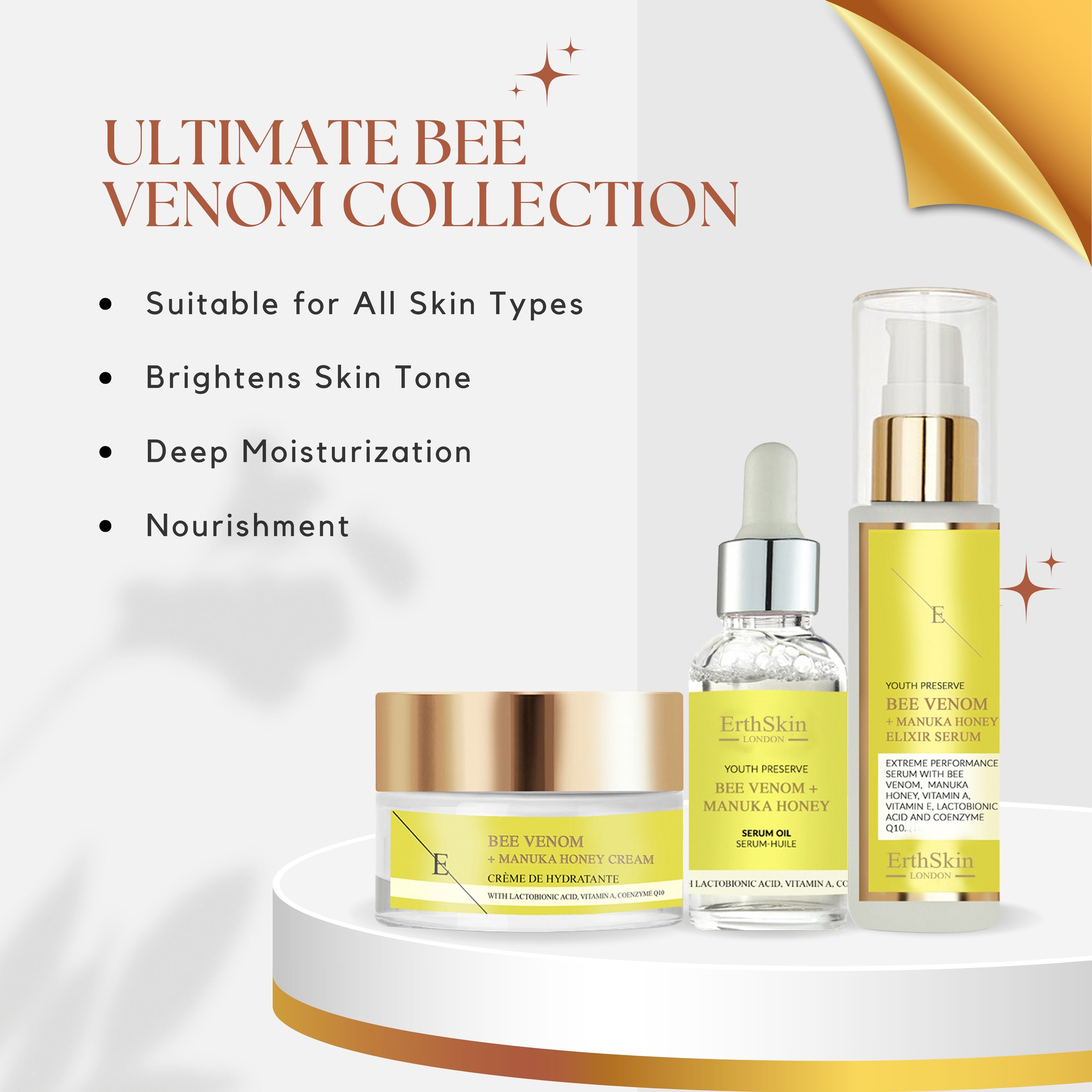 Collection 'Ultimate Bee Venom' d'ErthSkin London avec sérum, huile et crème.