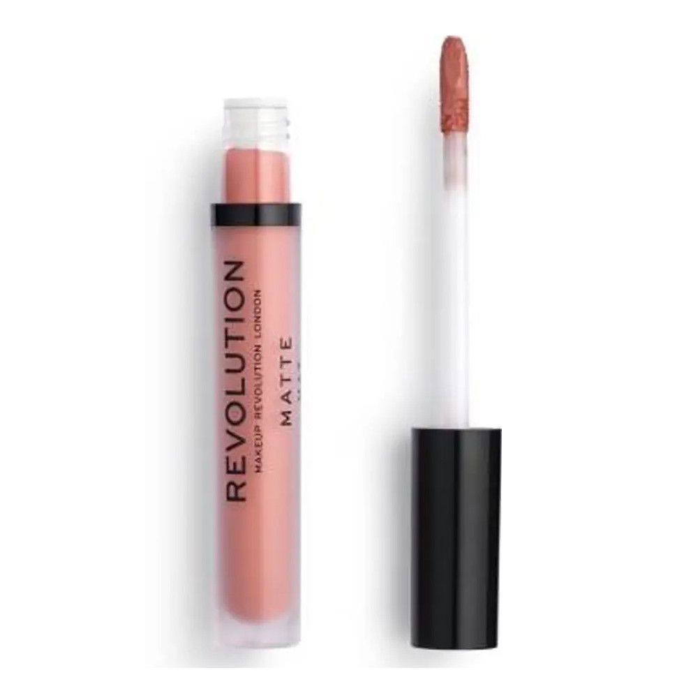 Flacon de gloss et applicateur. Inscription: Makeup Revolution London, Matte. Teinte rose.