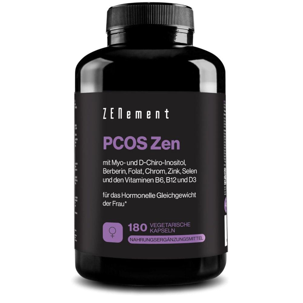 Flacon noir avec l'inscription PCOS Zen. Contient 180 gélules végétariennes. Marque : Zenement.
