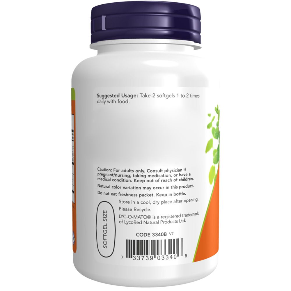 Achterkant van een witte pillenfles met blauwe dop. Oranje etiket met tekst. Tekst: Suggested Usage, Softgel Size.