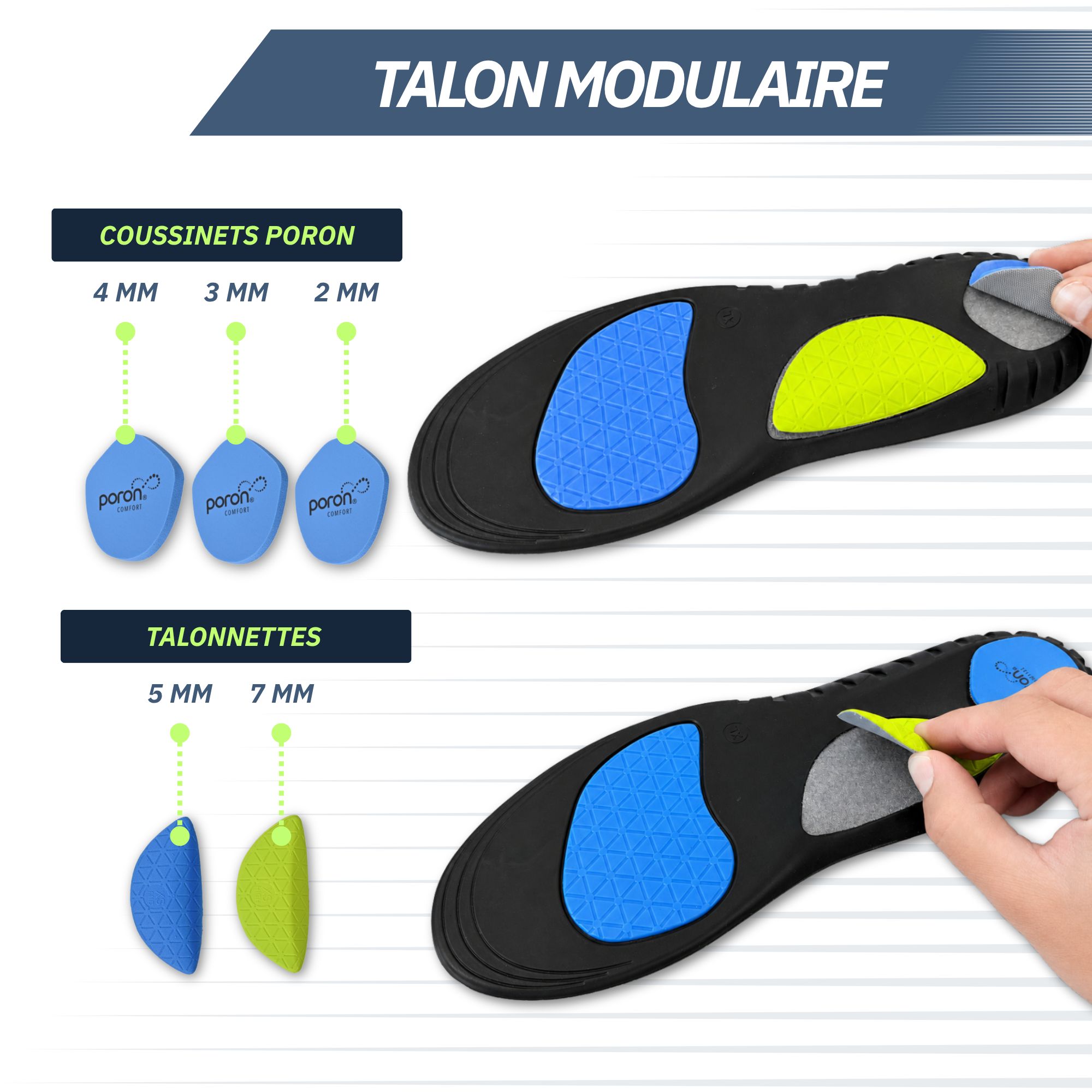Semelles orthopédiques avec éléments d'amorti interchangeables bleus et verts.