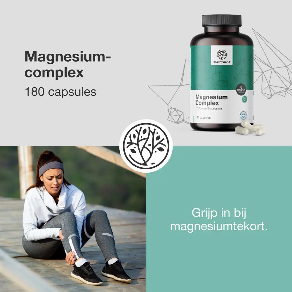 Pot magnesium complex, 180 capsules, met symbolen voor spieren, energie.