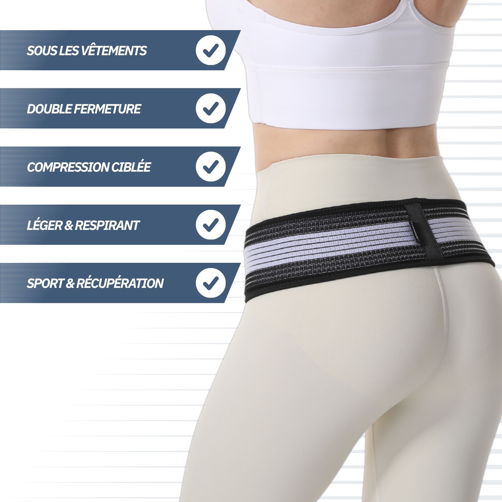 Ceinture de soutien lombaire rayée, noire et blanche, avec fermeture velcro.