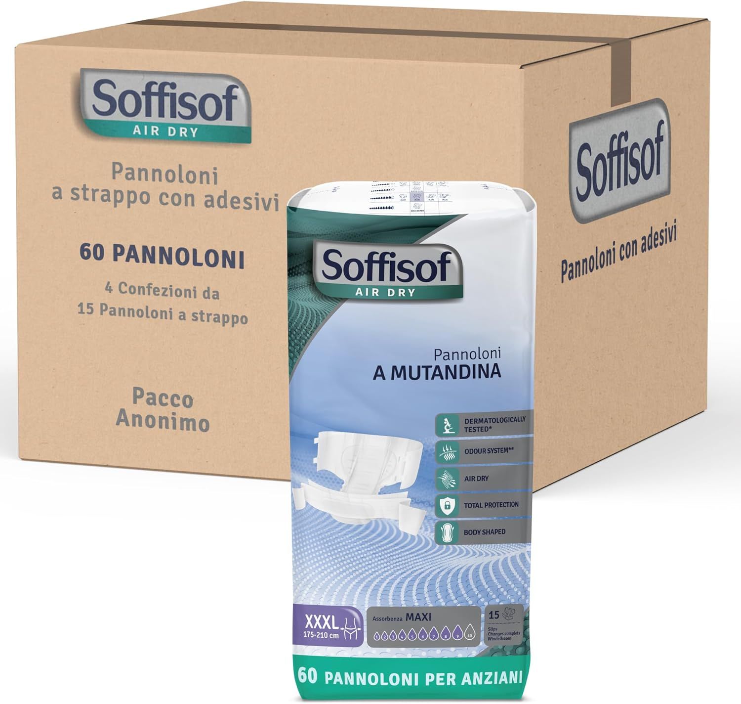 Soffisof Air Dry Maxi. Verpakking met 60 luiers. Doos met pakken. Productnaam en merk zichtbaar.