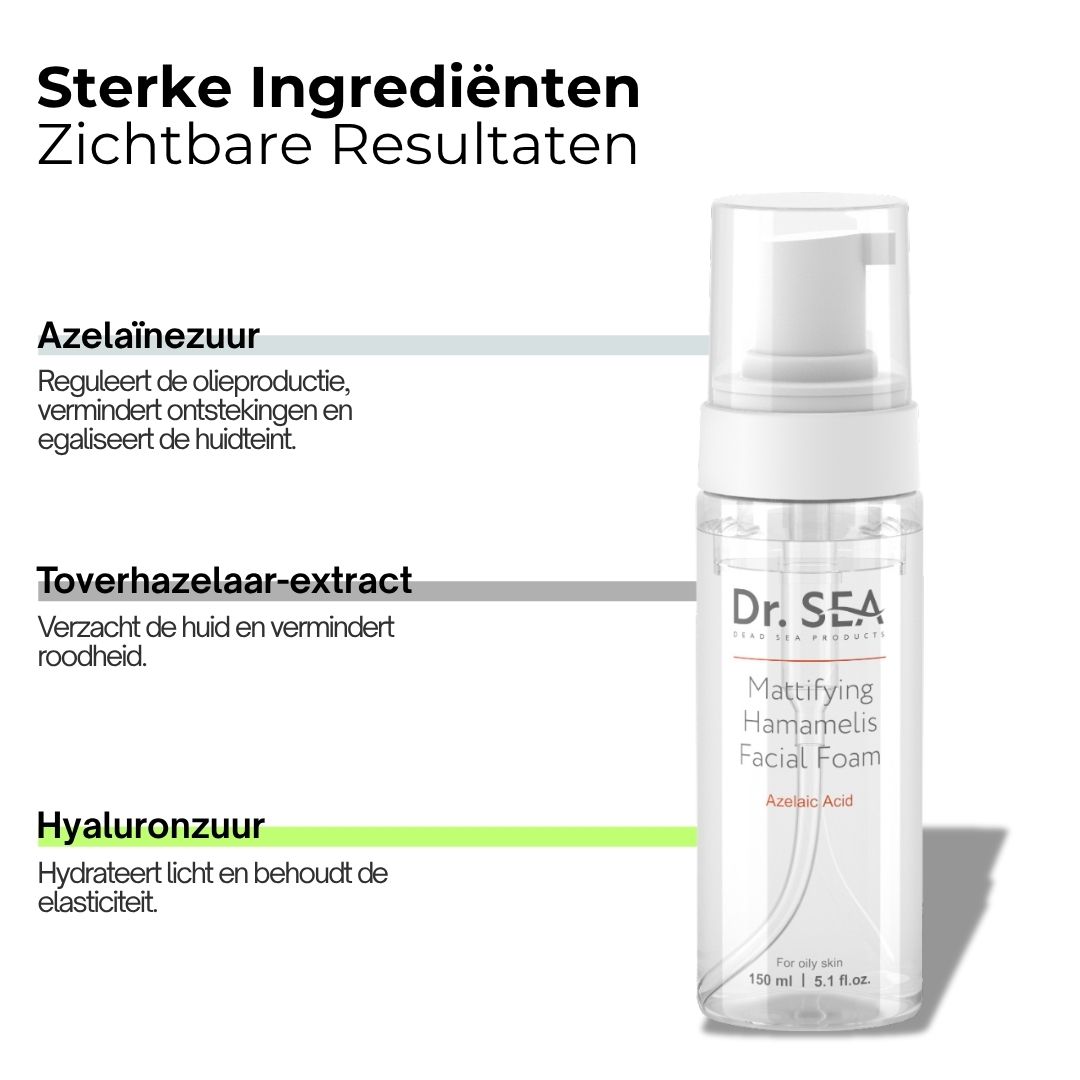 Transparante fles met witte pomp. Opschrift: Dr. SEA, Mattifying Hamamelis Facial Foam, Azelaic Acid.
