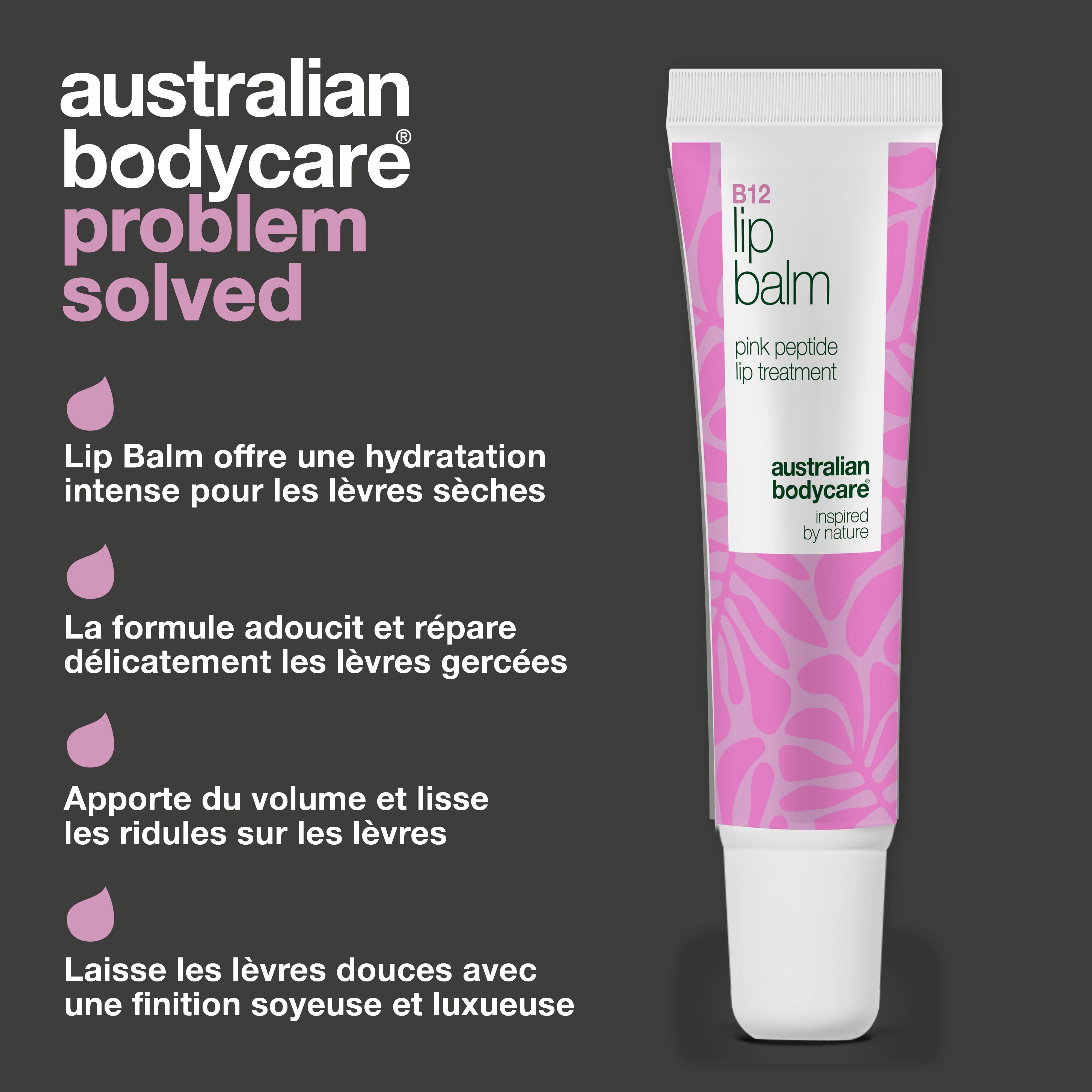 Tube de baume à lèvres. Texte : B12 Lip Balm, pink peptide. Australian Bodycare. Fond rose avec avantages du produit.