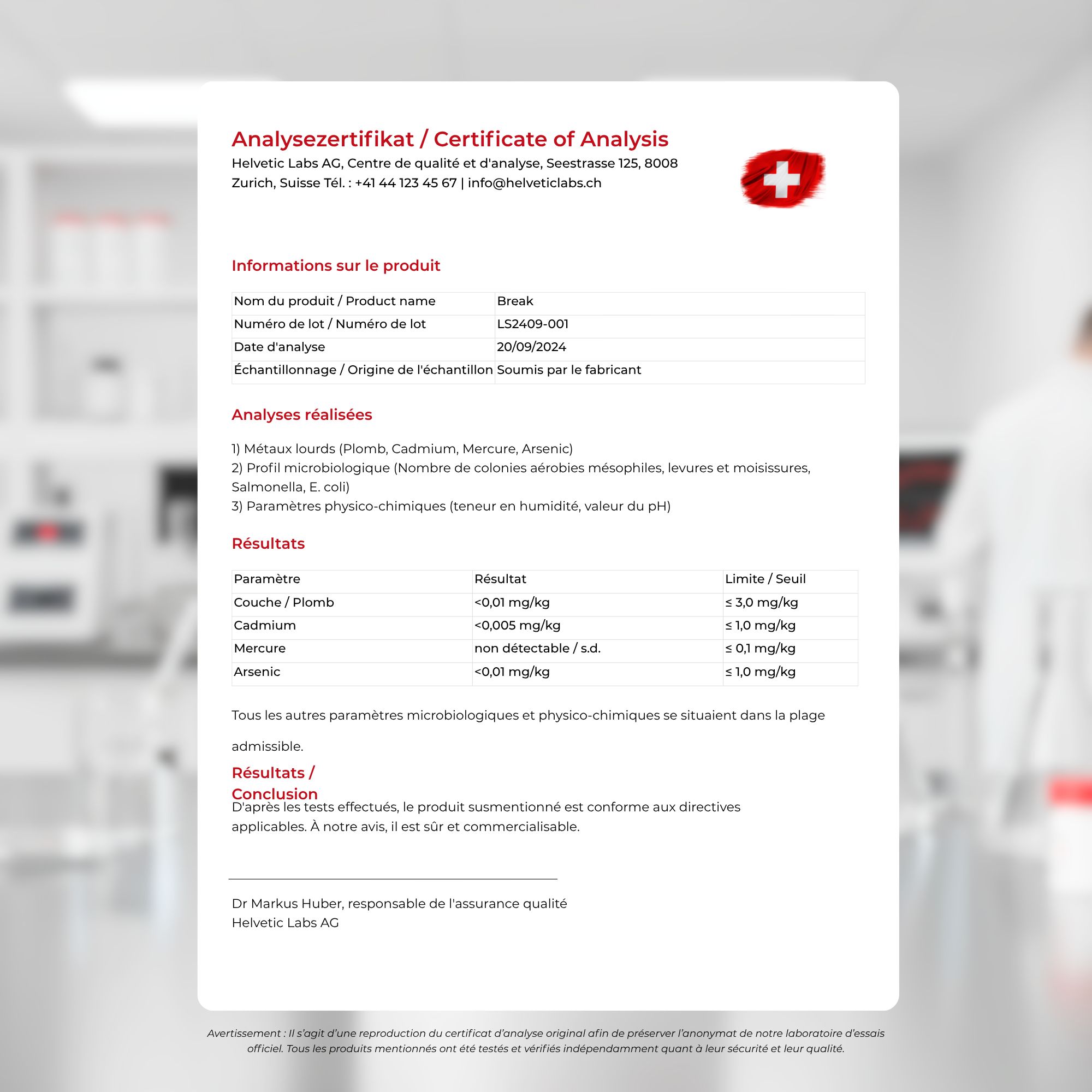 Certificat d'analyse. Helvetica Labs AG. Croix suisse. Informations produit. Résultats.