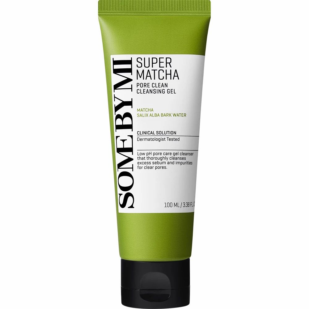 Groene tube met wit etiket. Opschrift: SUPER MATCHA PORE CLEAN CLEANSING GEL. Merk: SOMEBYMI. Zwarte dop.