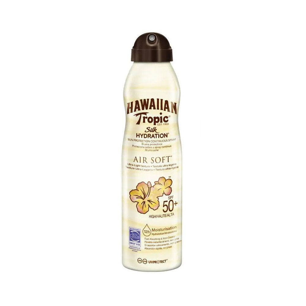 Hawaiian Tropic Silk Hydration Air Soft SPF 50 zonnebrandspray. Witte fles met bruine spuitkop. Tekst en bloemen.