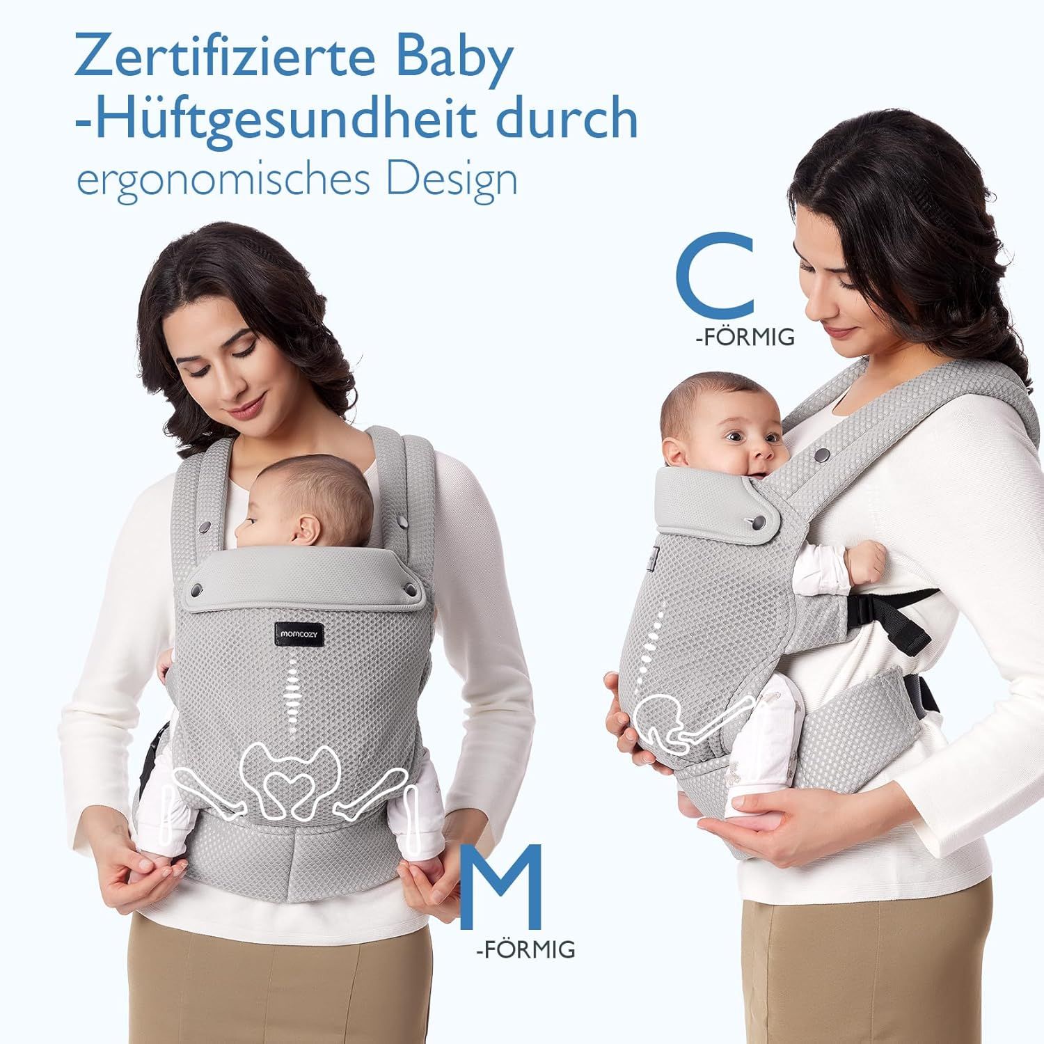 Vrouwen met babydragers die de C- en M-vorm voor heupgezondheid tonen.