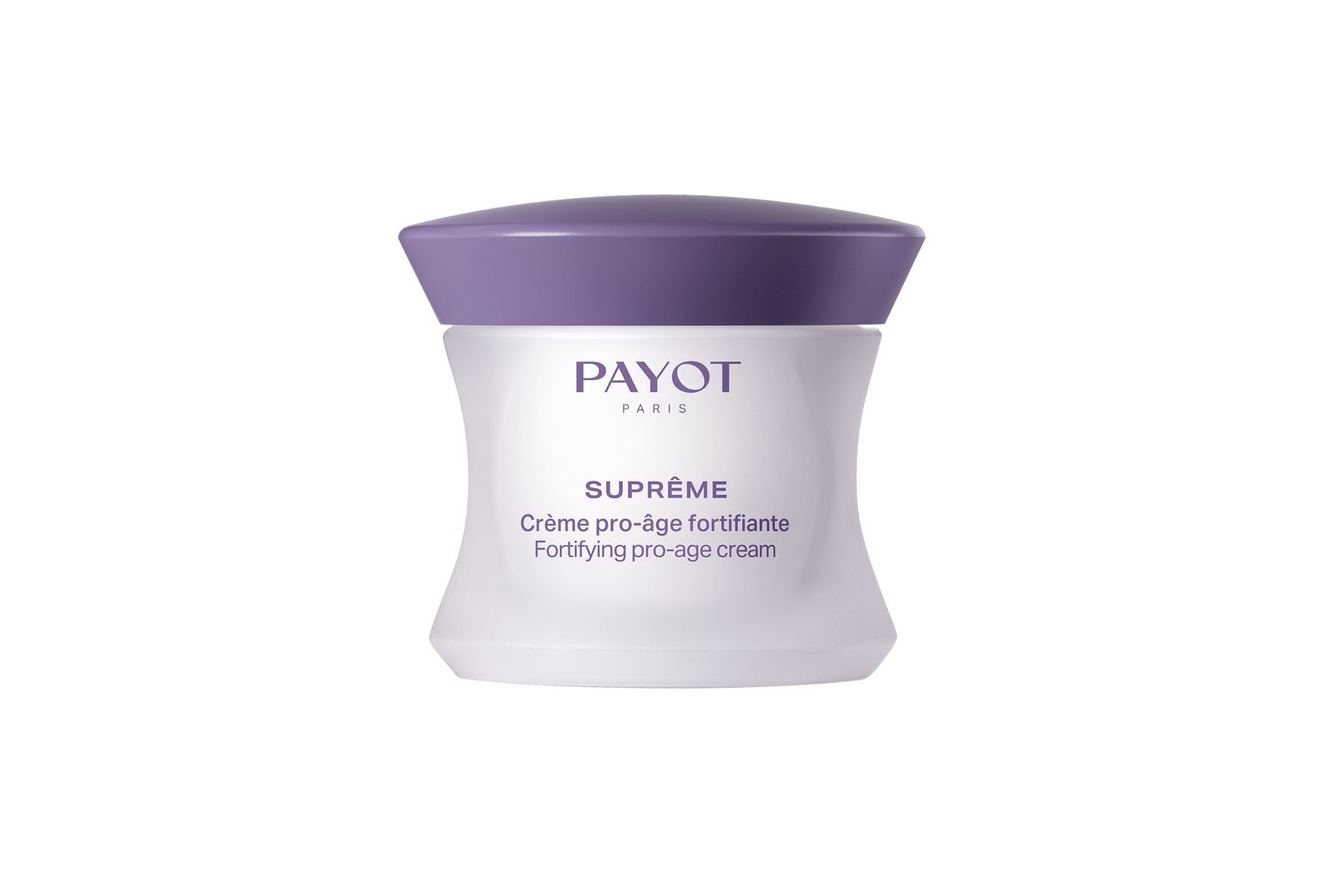 PAYOT SUPRÊME Crème fortifiante pro-âge dans un pot blanc avec couvercle violet.