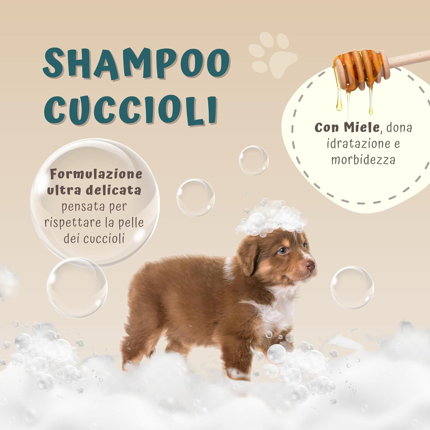 Hond met schuim op zijn hoofd. Tekst: Shampoo Cuccioli. Formule voor de huid van puppy's. Met honing voor hydratatie en zachtheid.