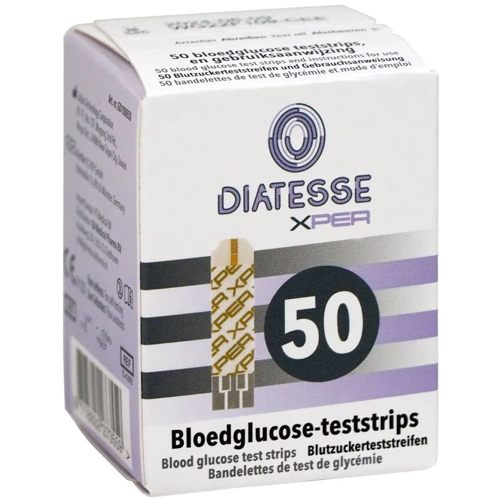 Diatesse Xper: 50 bloedglucose teststrips. Verpakking toont een teststrip en het getal 50.