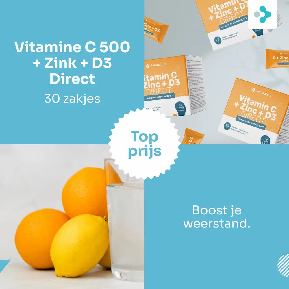 Sinaasappels, citroen en glas water. Verpakkingen met de tekst Vitamine C + Zink + D3 DIRECT. 30 zakjes.