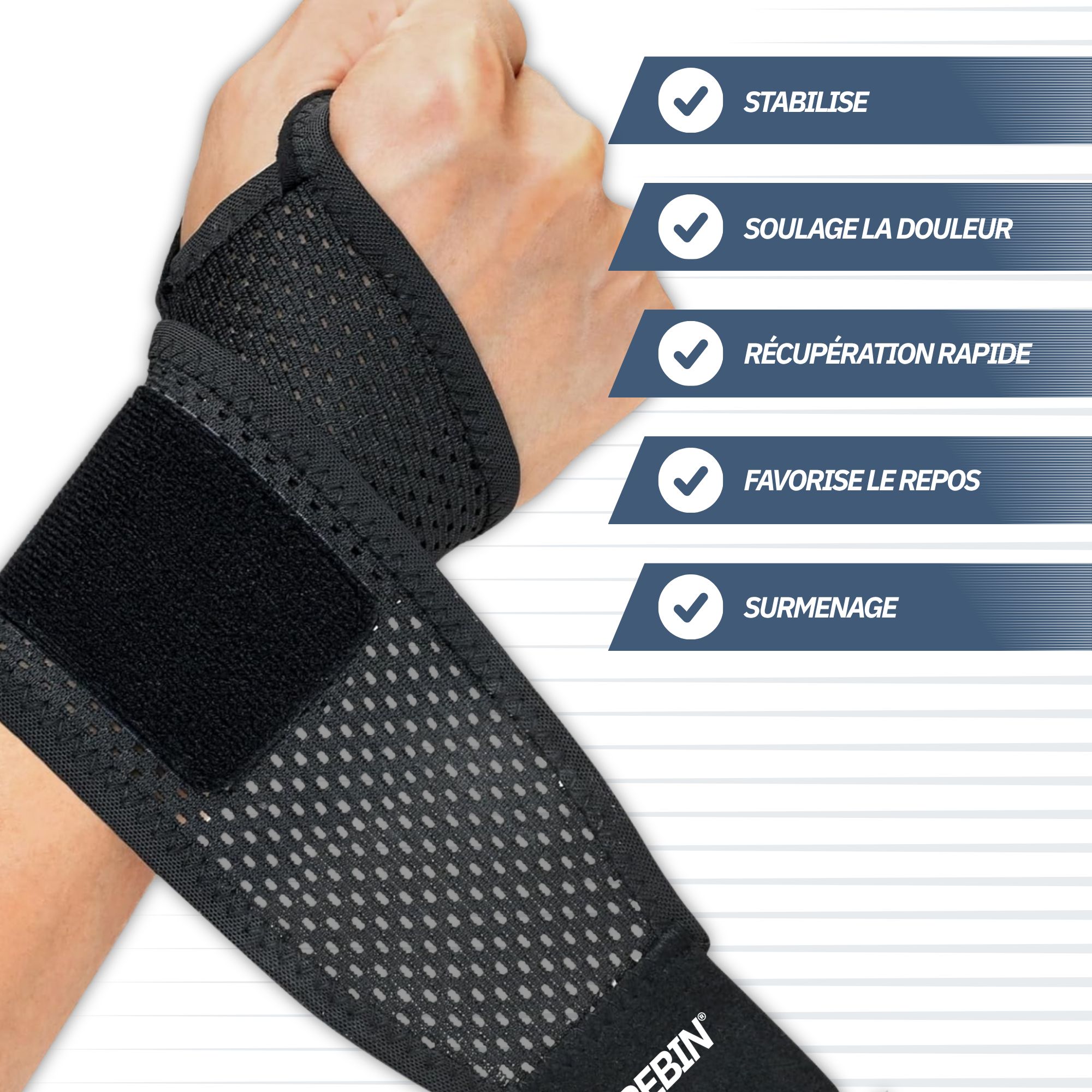 Bande de soutien du poignet noire avec fermeture velcro et tissu respirant.
