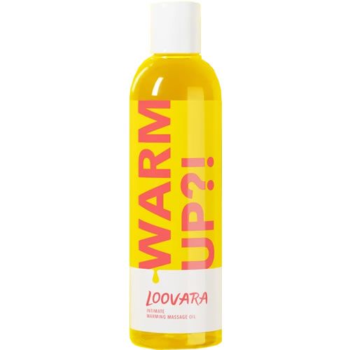 Bouteille d'huile de massage chauffante Loovara Warm Up?! Intimate. Étiquette jaune avec écriture rose. Bouchon blanc.