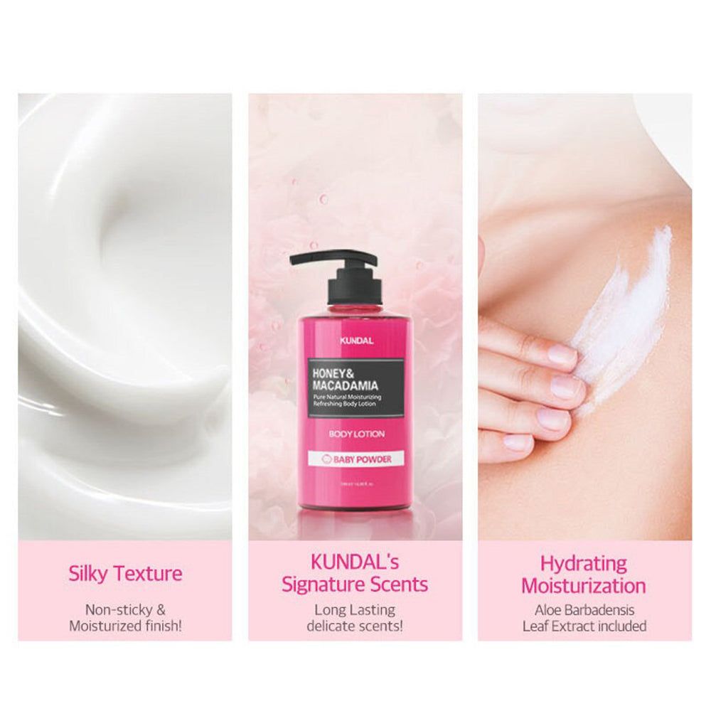 Drie collages: zijdezachte textuur, Kundal geur, hydraterende lotion met aloë.