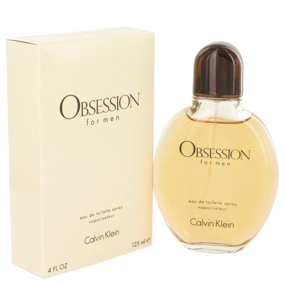Flacon et emballage Obsession for men. Flacon rond, jaune clair. Emballage beige avec Obsession et Calvin Klein.