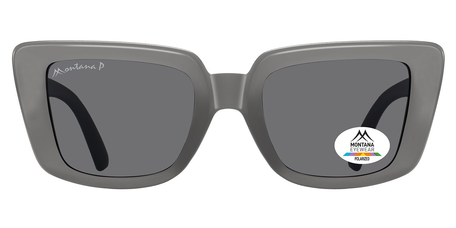 Lunettes de soleil grises avec verres foncés. Logo Montana Eyewear et autocollant polarisé. Forme rectangulaire aux coins arrondis.