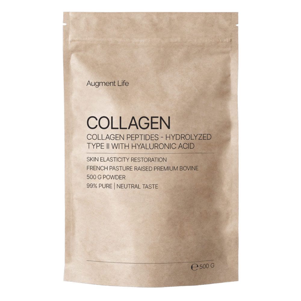 Augment Life Collageenpoeder: Gehydrolyseerde collageenpeptiden type II met hyaluronzuur. Zak van 500g.