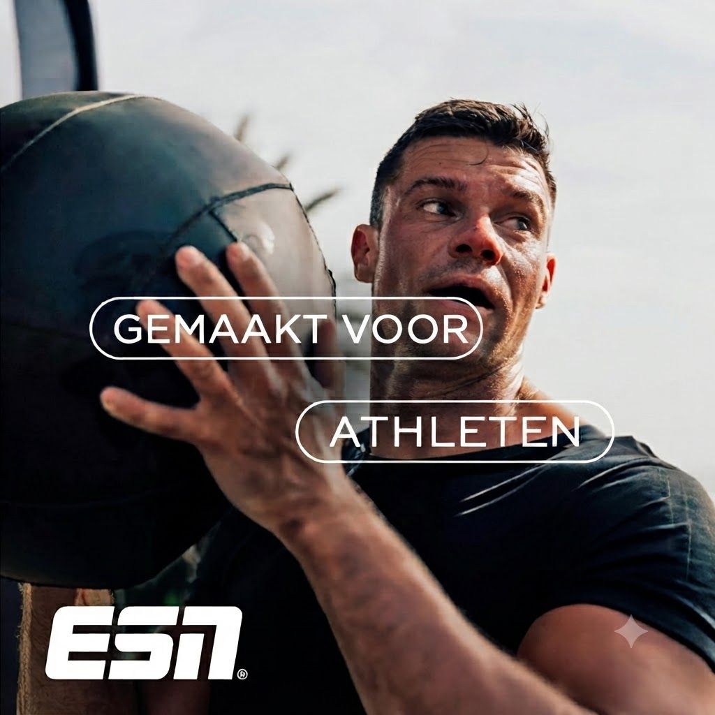 Een bezwete man houdt een zwarte medicine ball vast. "GEMAAKT VOOR ATHLETEN" is zichtbaar.
