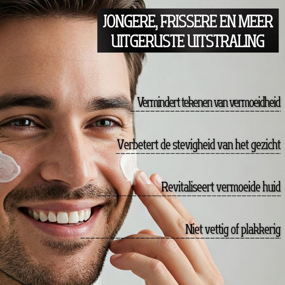 Man brengt crème aan. Tekst: Jongere uitstraling. Vermindert vermoeidheid.