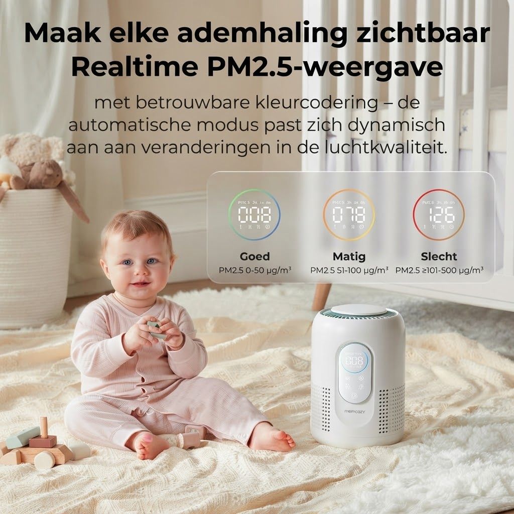 Een witte luchtreiniger met digitale weergave van PM2.5-waarden (008, 078, 126) en kleurindicatoren voor luchtkwaliteit. Een baby zit ernaast.