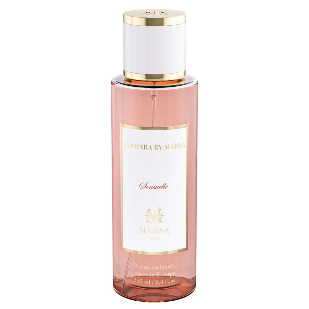 Roze fles met witte dop en gouden accenten. Opschrift: Jawhara by Maïssa, Sensuelle, Maïssa Paris. Parfum voor lichaam.