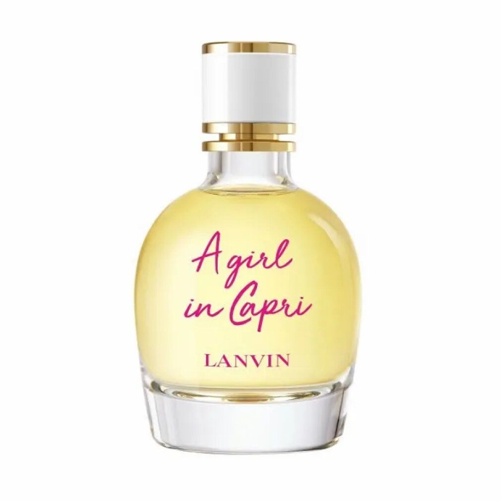 Flacon rond avec liquide jaune. Inscription: A girl in Capri, LANVIN. Bouchon blanc avec détails dorés.