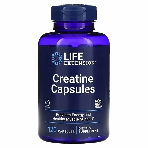 Life Extension Kreatin-Kapseln : Flacon bleu de 120 gélules. Fournit de l'énergie et un soutien musculaire. Sans OGM.