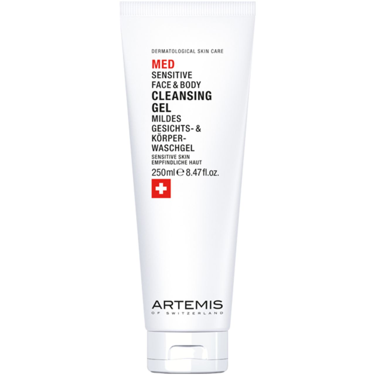 Witte tube met rode tekst. MED Sensitive Face & Body Cleansing Gel. Zwitsers kruis.