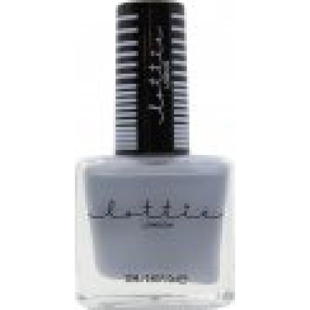 Flacon de vernis à ongles gris. Bouchon noir à rayures blanches et logo de la marque. Flacon transparent avec nom du produit.