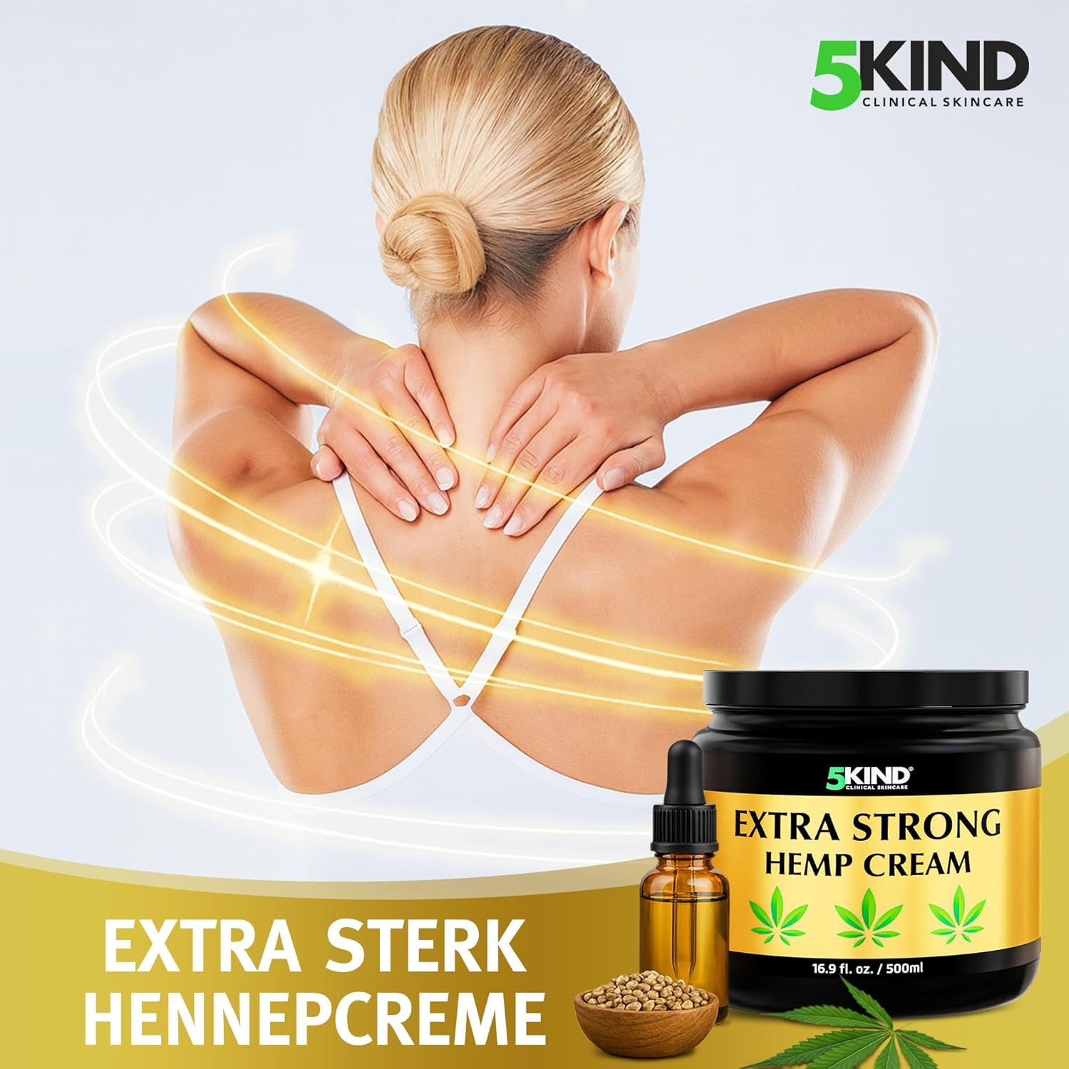 Vrouw masseert haar nek. 5Kind Extra Strong hennepcrème pot en olieflacon ernaast.