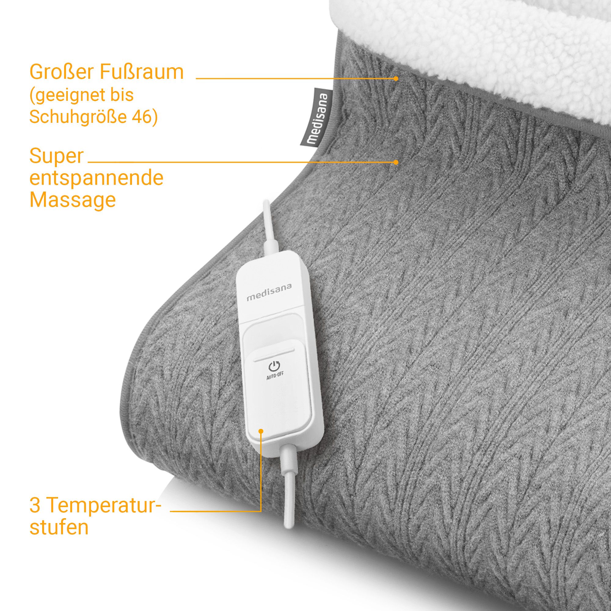 Close-up van een grijze voetverwarmer met kabelafstandsbediening en labels.